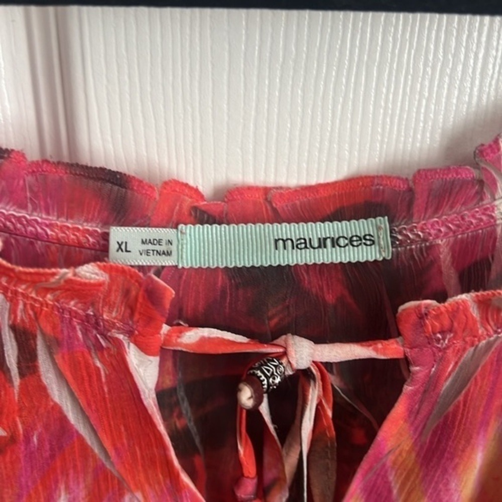 Maurices Palm Tree Blouse Sheer Tie Neck Short Sleeve Red XL - Picture 5 of 10